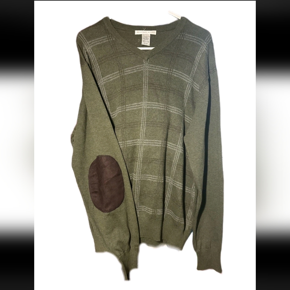 Geoffrey Beene Sweater Mens Large Green Long Sleeve V-Neck, Elbow Patches